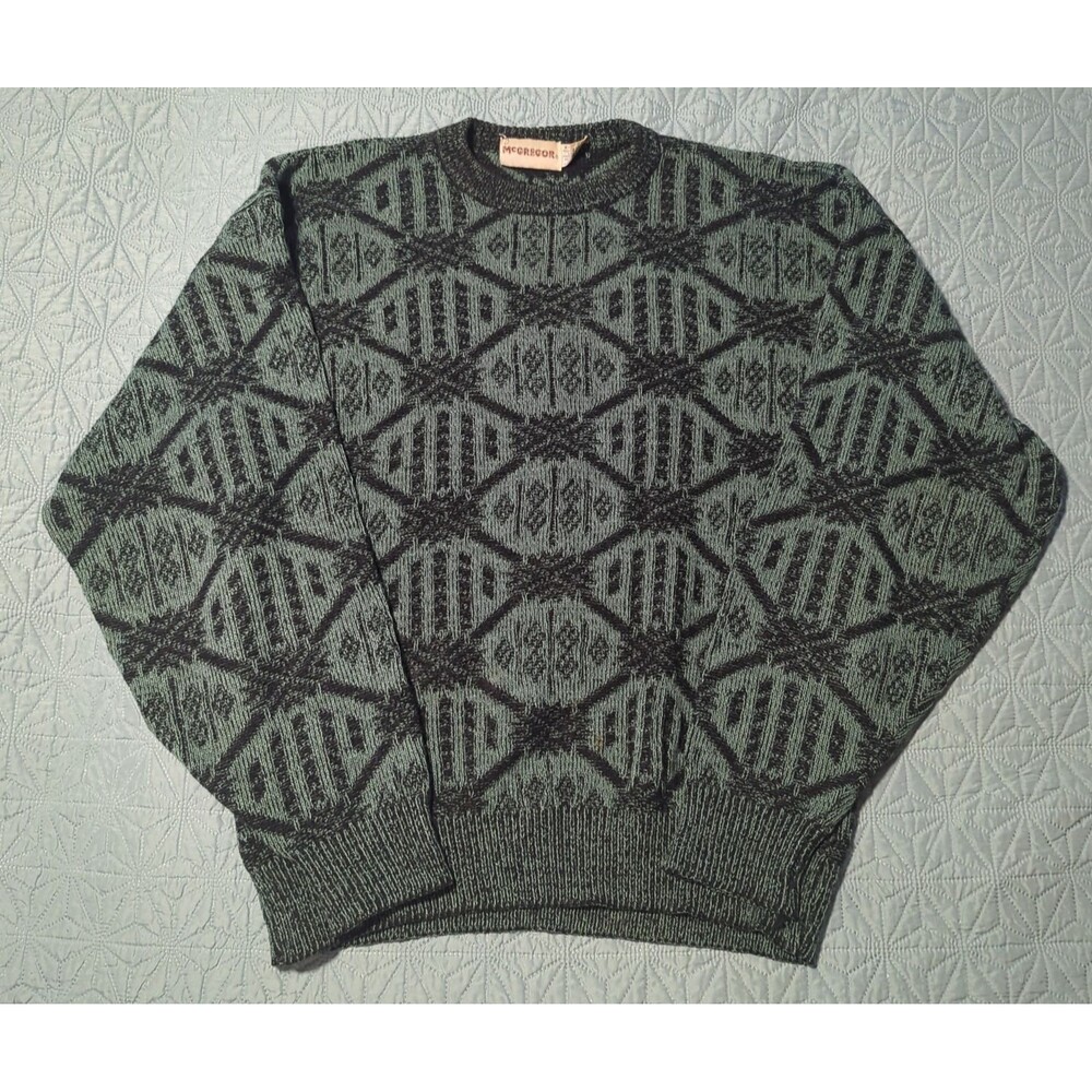 McGregor Vintage 80s Gramdpa Geometric Knit Acrylic Sweater Men's XL Blue Green
